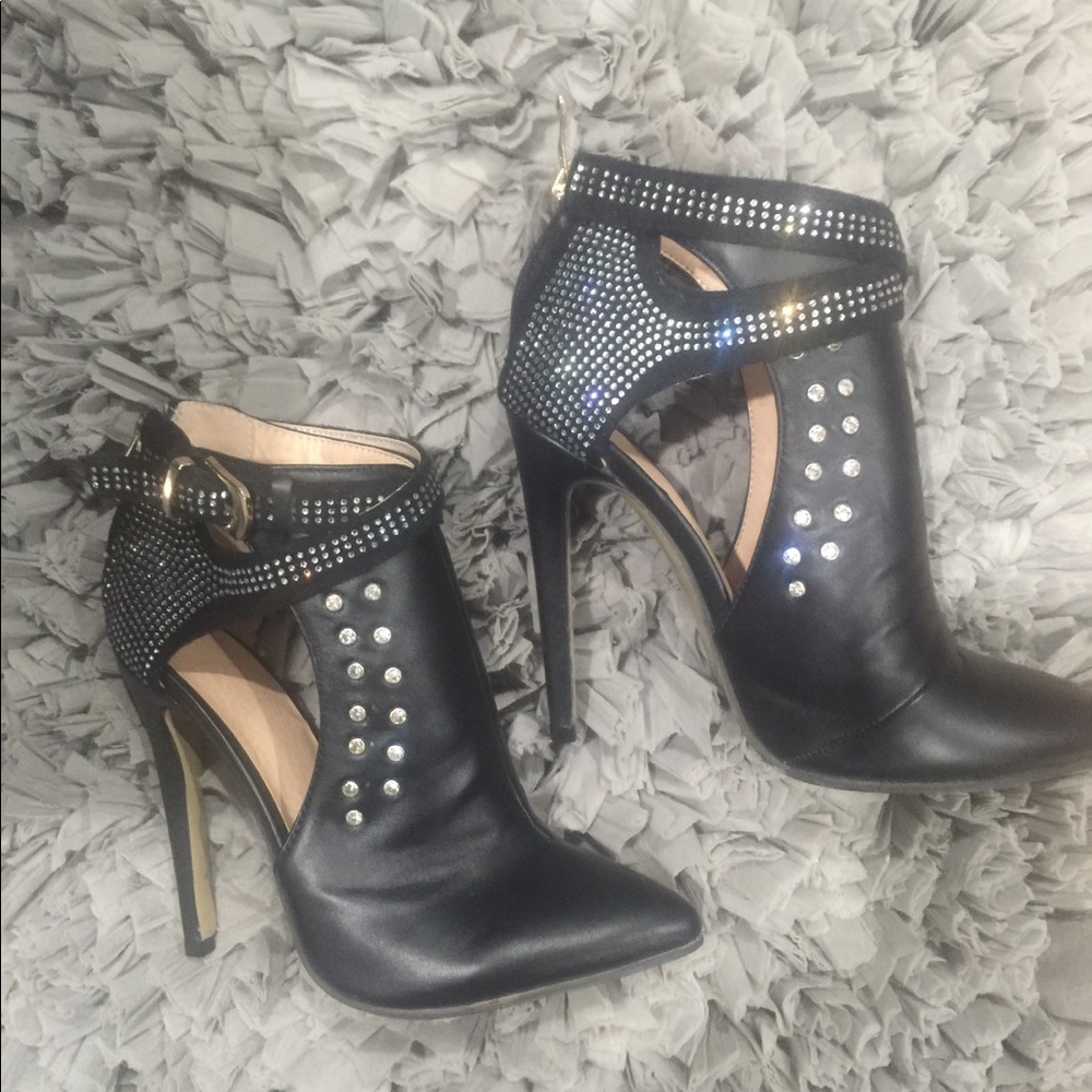 Rocker Glam Black Ankle Booties With Bling, Size 7 - image 1